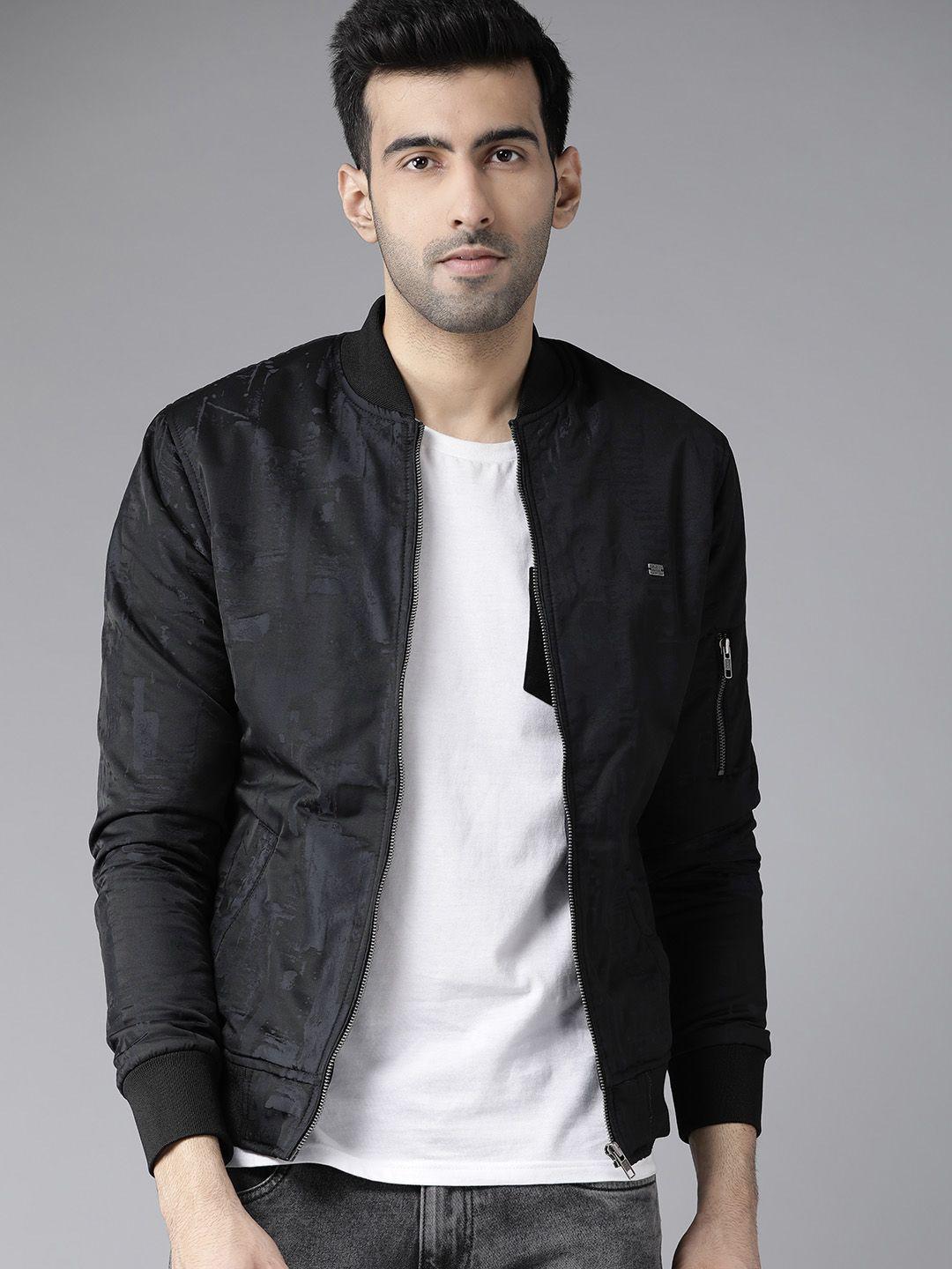 roadster men black & navy blue printed bomber jacket