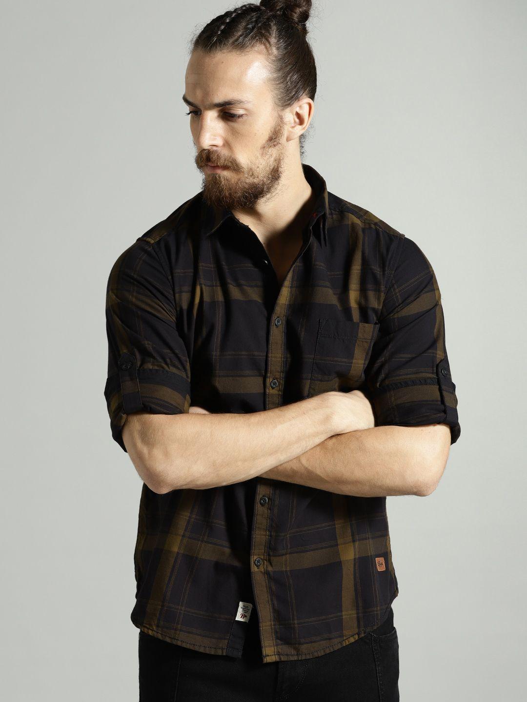 roadster men black & olive brown checked pure cotton casual sustainable shirt