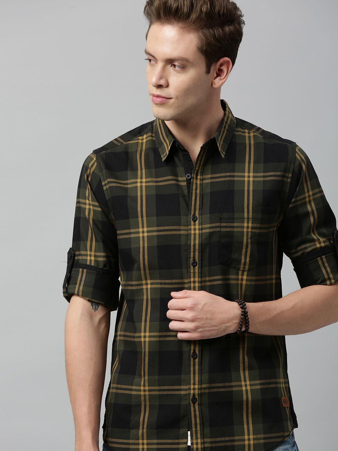 roadster men black & olive green regular fit checked sustainable casual shirt