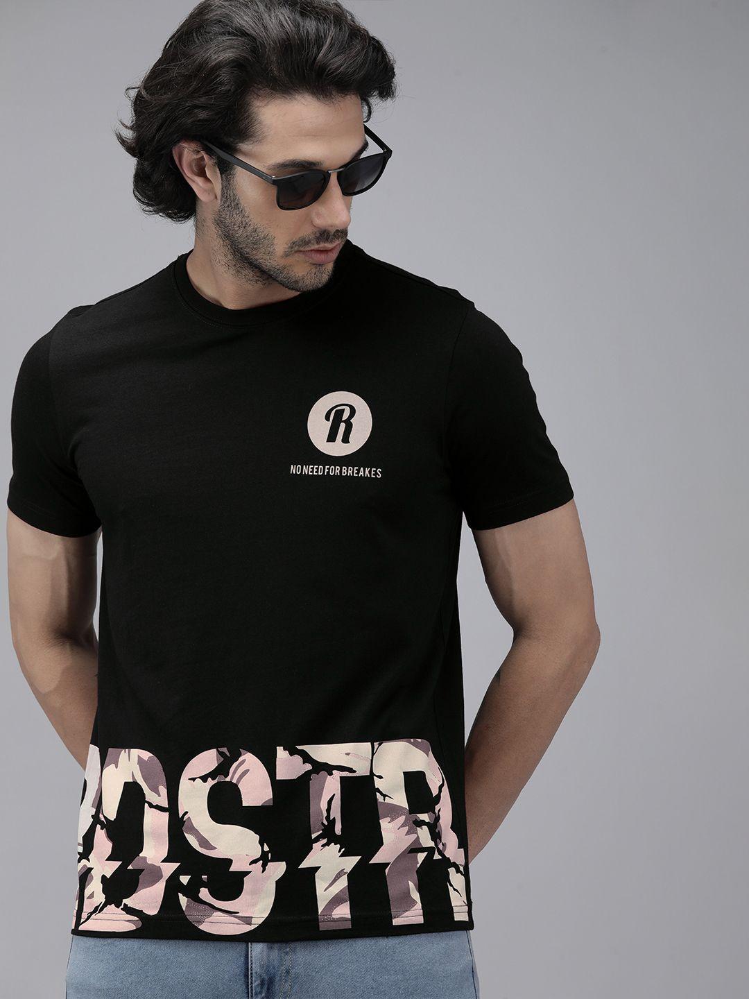 roadster men black & pink brand logo printed t-shirt