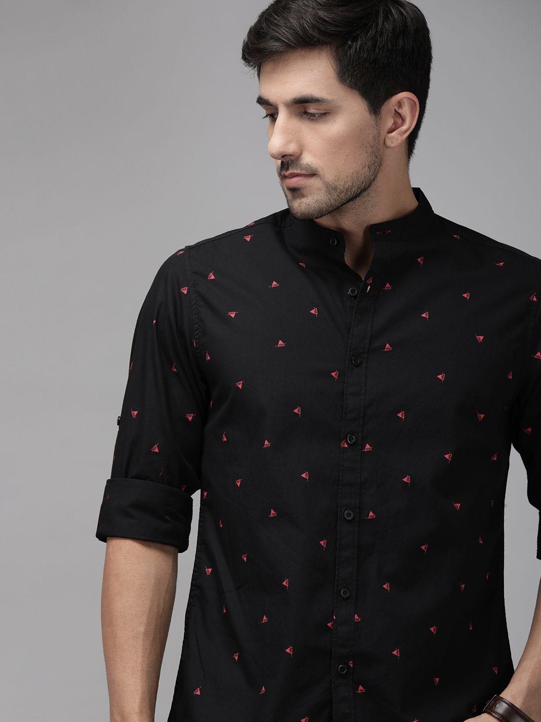 roadster men black & pink regular fit printed casual sustainable shirt