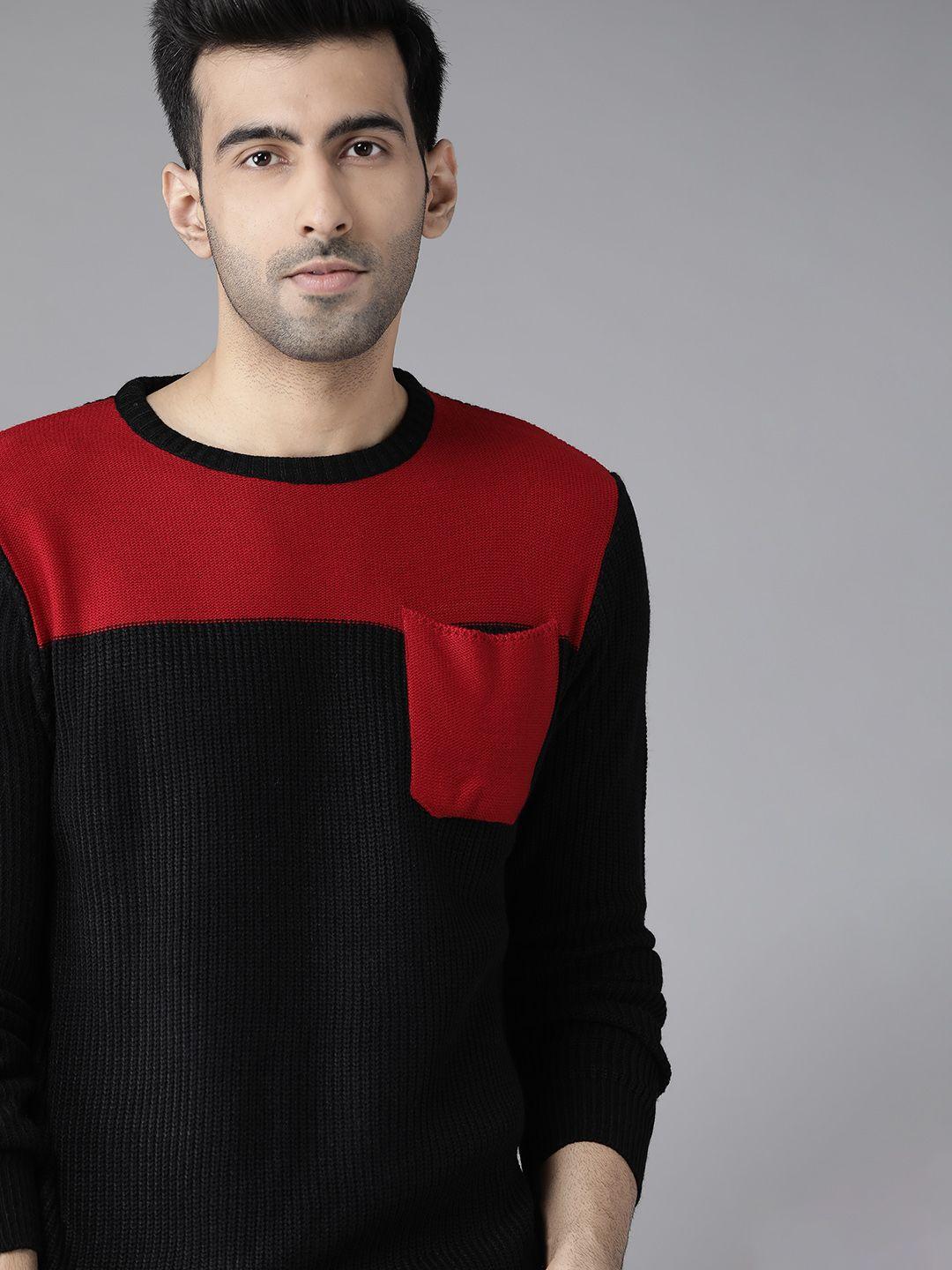 roadster men black & red colourblocked acrylic sweater