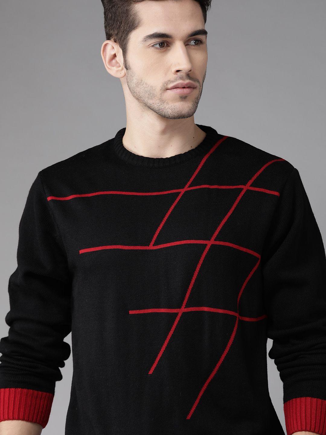 roadster men black & red self-design pullover