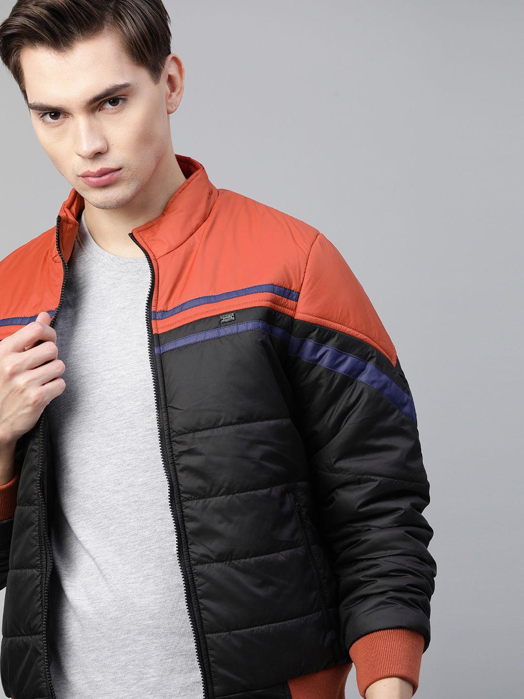 roadster men black & rust red colourblocked bomber jacket