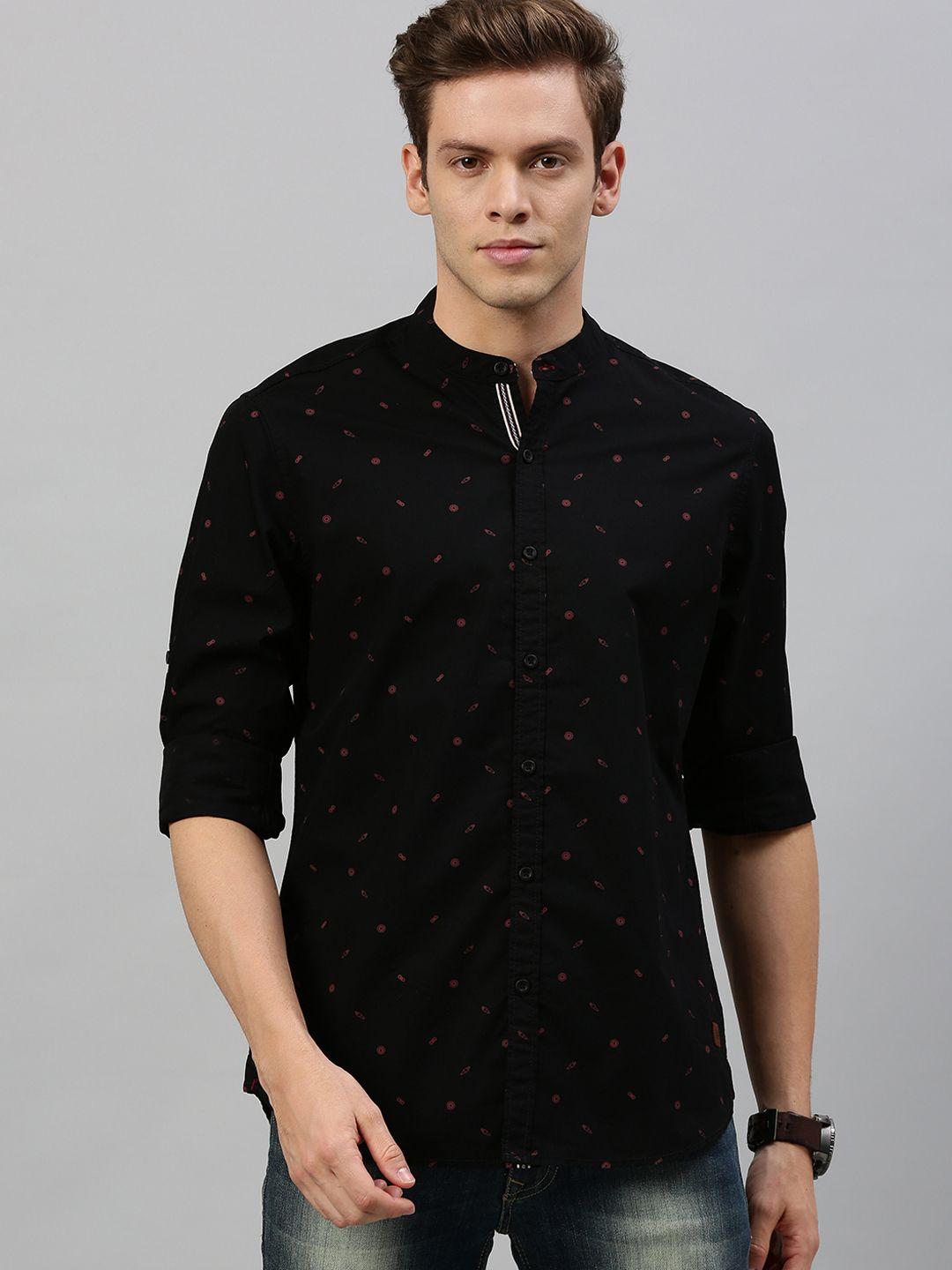 roadster men black & rust red regular fit printed sustainable casual shirt