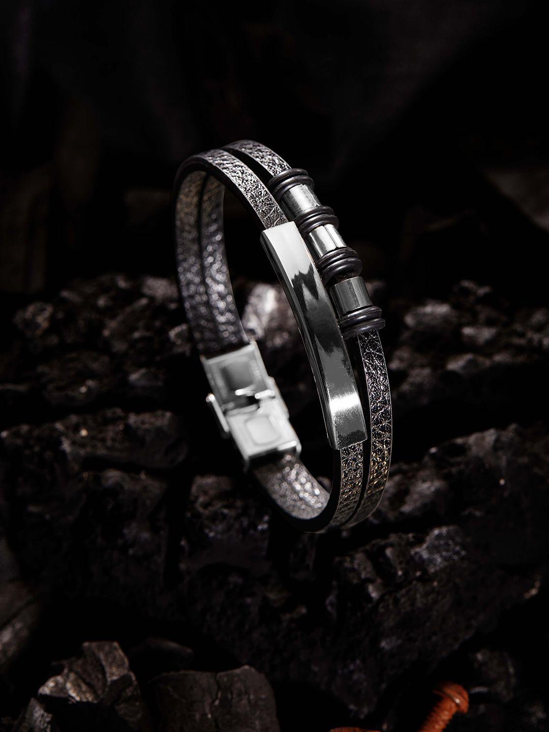 roadster men black & silver-toned handcrafted wraparound bracelet