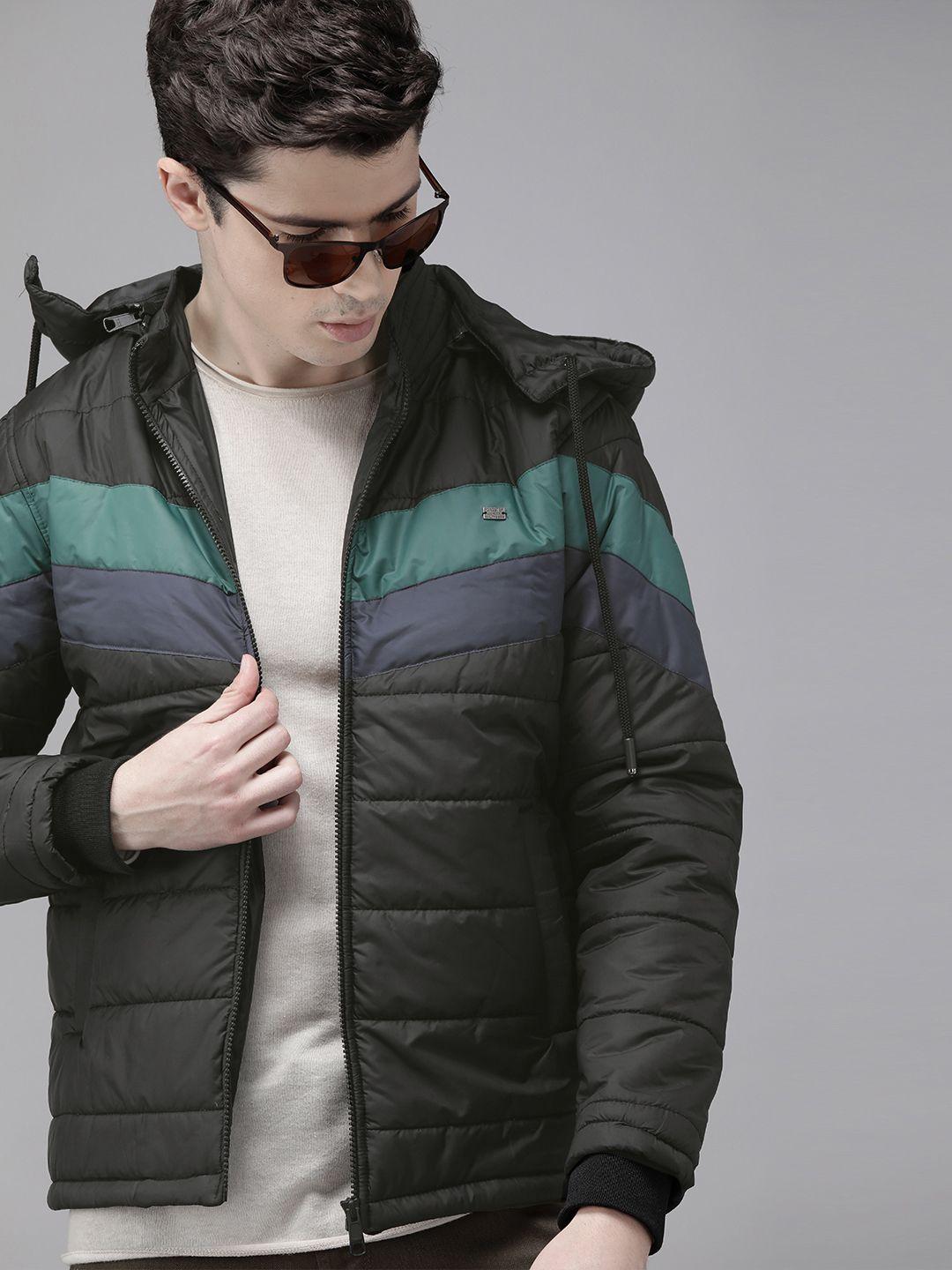 roadster men black & teal green striped padded jacket