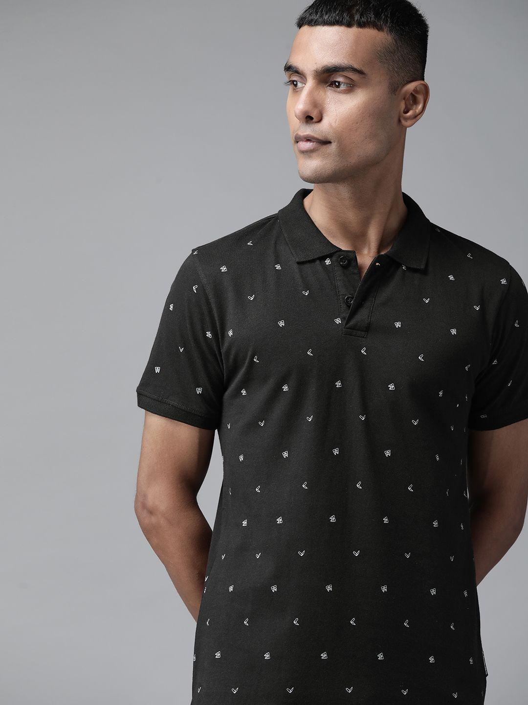 roadster men black & white pure cotton conversational printed polo collar t-shirt