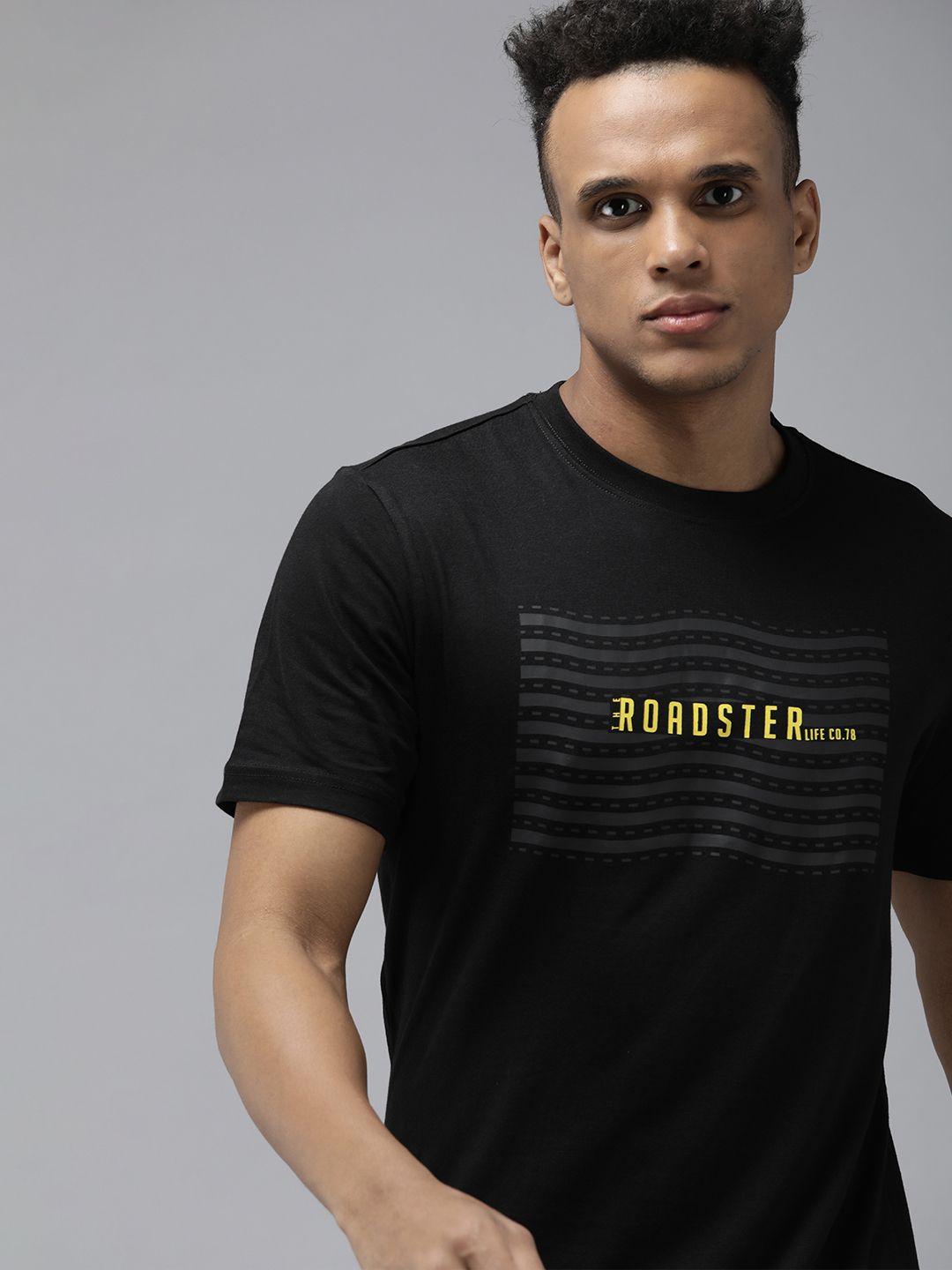 roadster men black & yellow brand logo printed pure cotton t-shirt