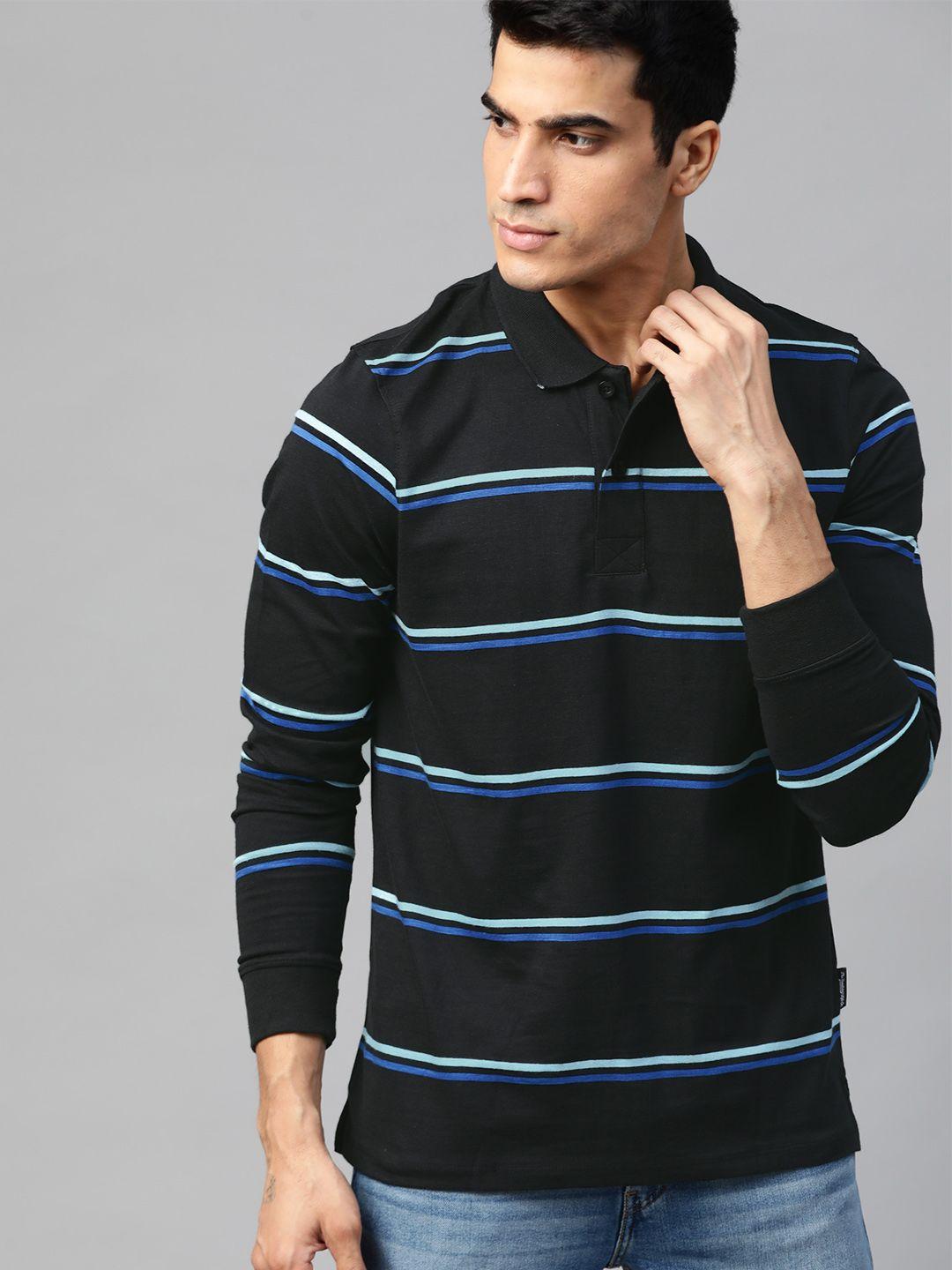 roadster men black  blue striped polo collar pure cotton t-shirt