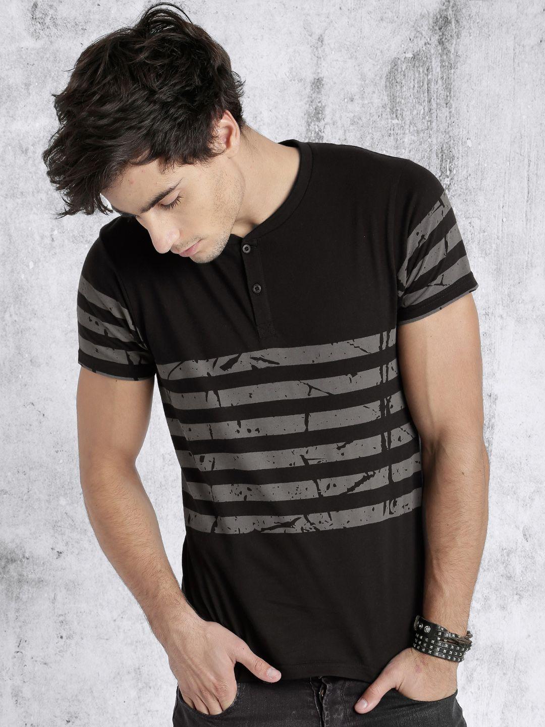 roadster men black  grey striped henley neck pure cotton t-shirt