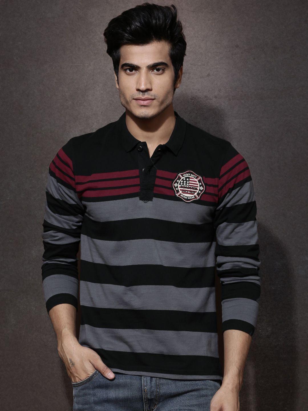 roadster men black  grey striped polo pure cotton t-shirt