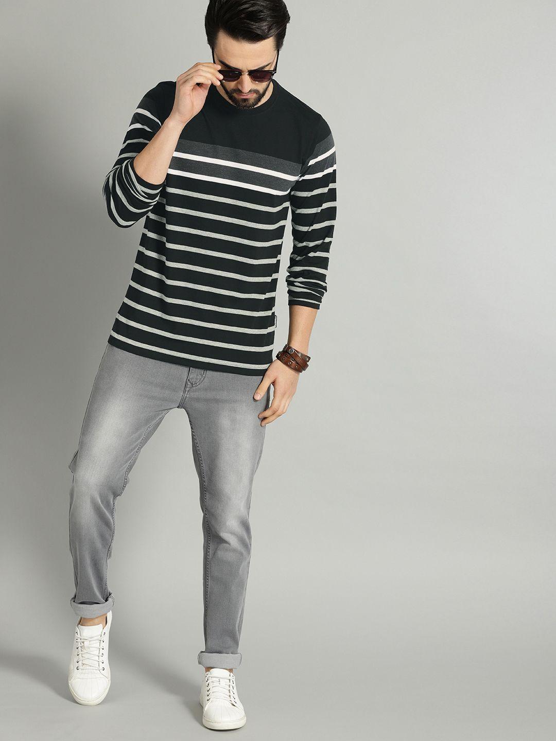 roadster men black  grey striped round neck t-shirt