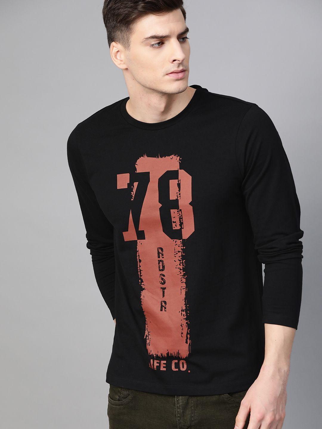 roadster men black  rust brown printed round neck pure cotton t-shirt