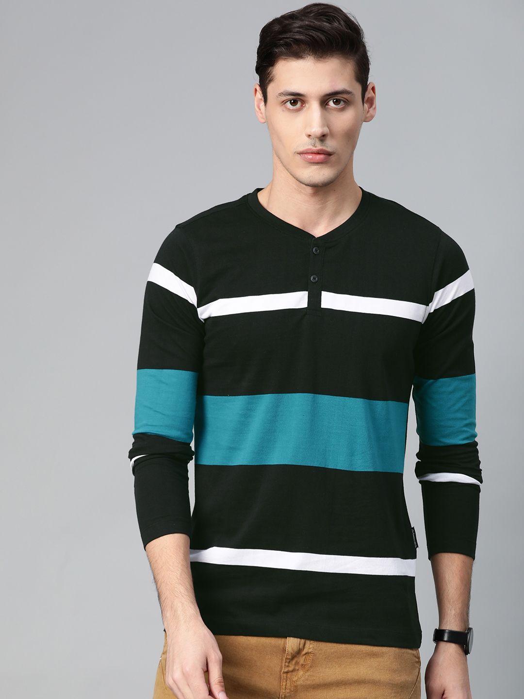 roadster men black  teal blue striped henley neck pure cotton t-shirt