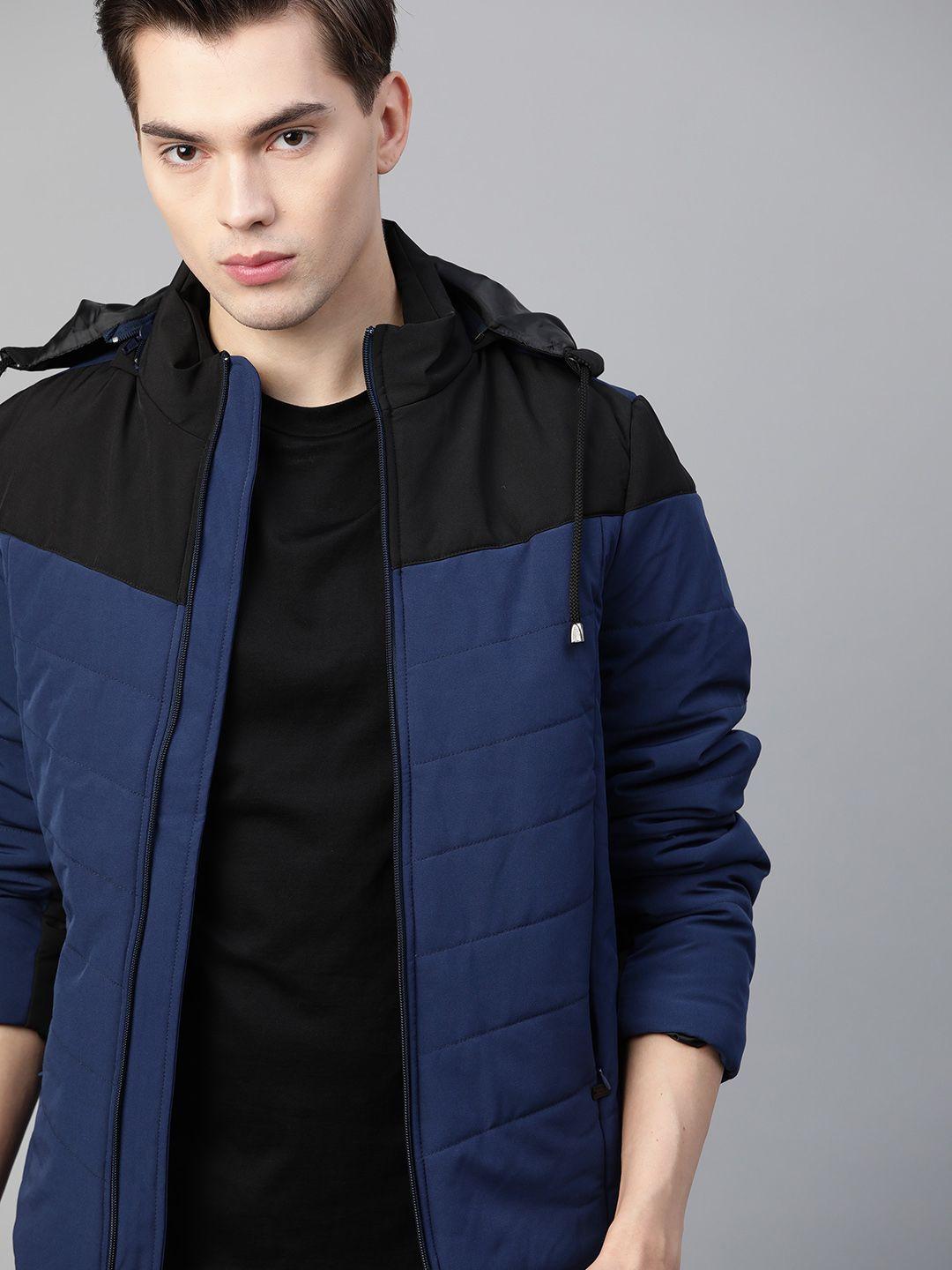 roadster men black blue colourblocked hooded padded jacket