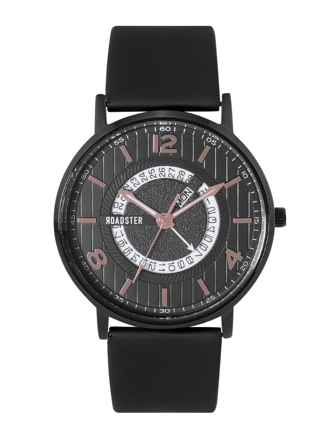 roadster men black brass embellished dial & black leather straps analogue watch