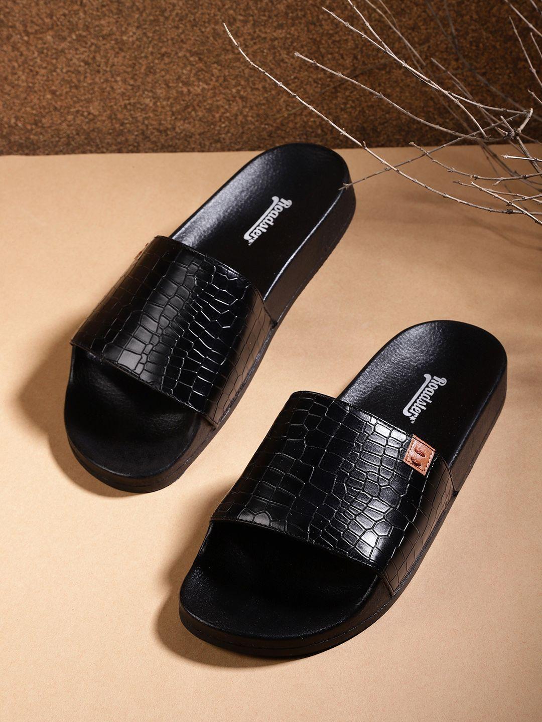 roadster men black croc textured sliders