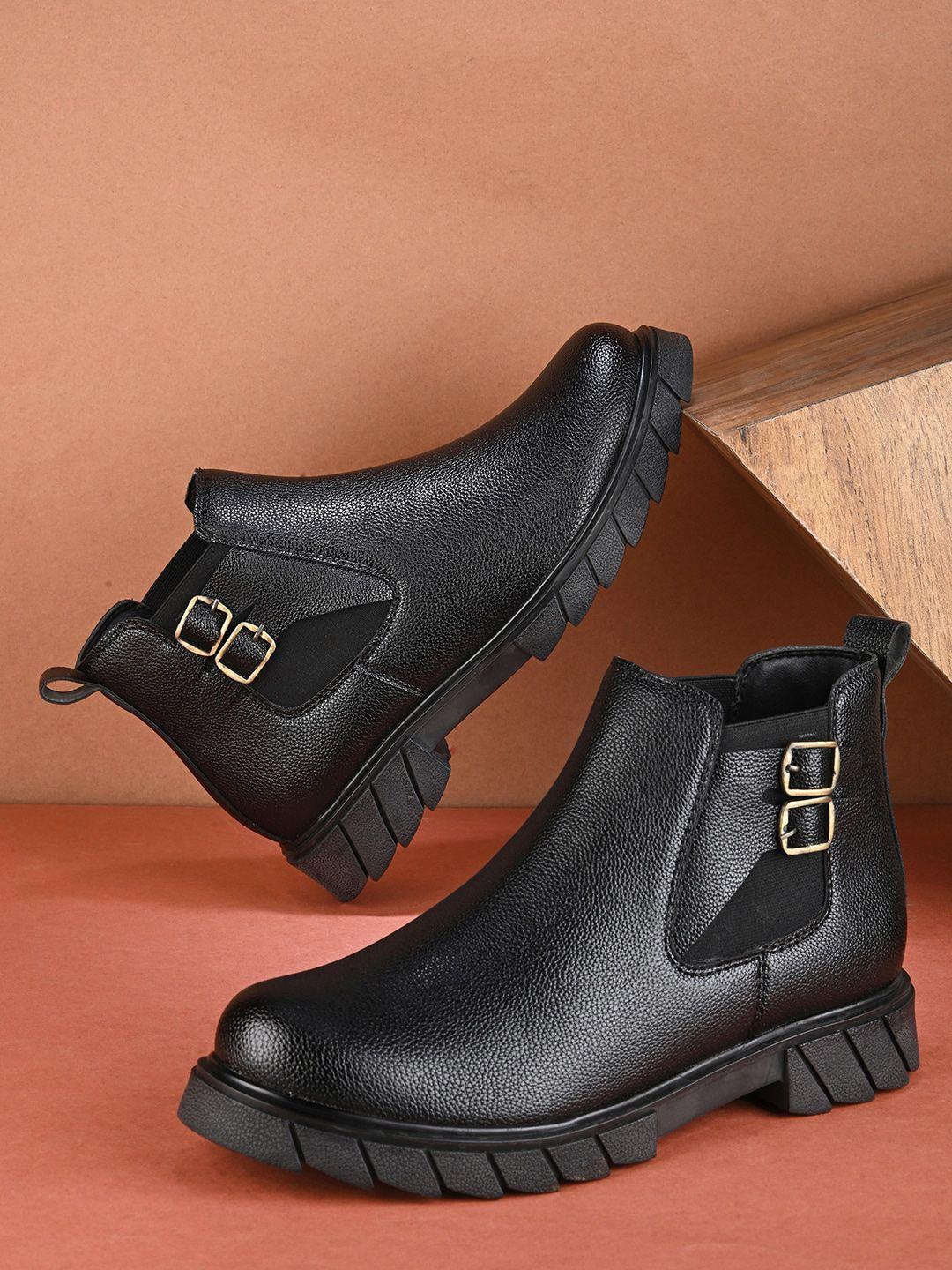 roadster men black mid top textured platform -heel chelsea boots with buckle detail