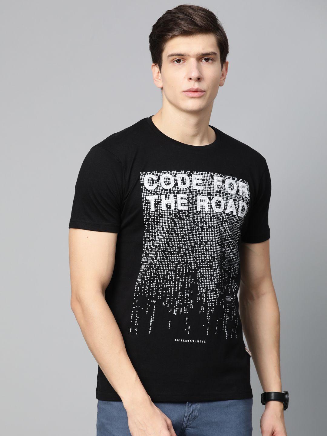 roadster men black printed round neck t-shirt