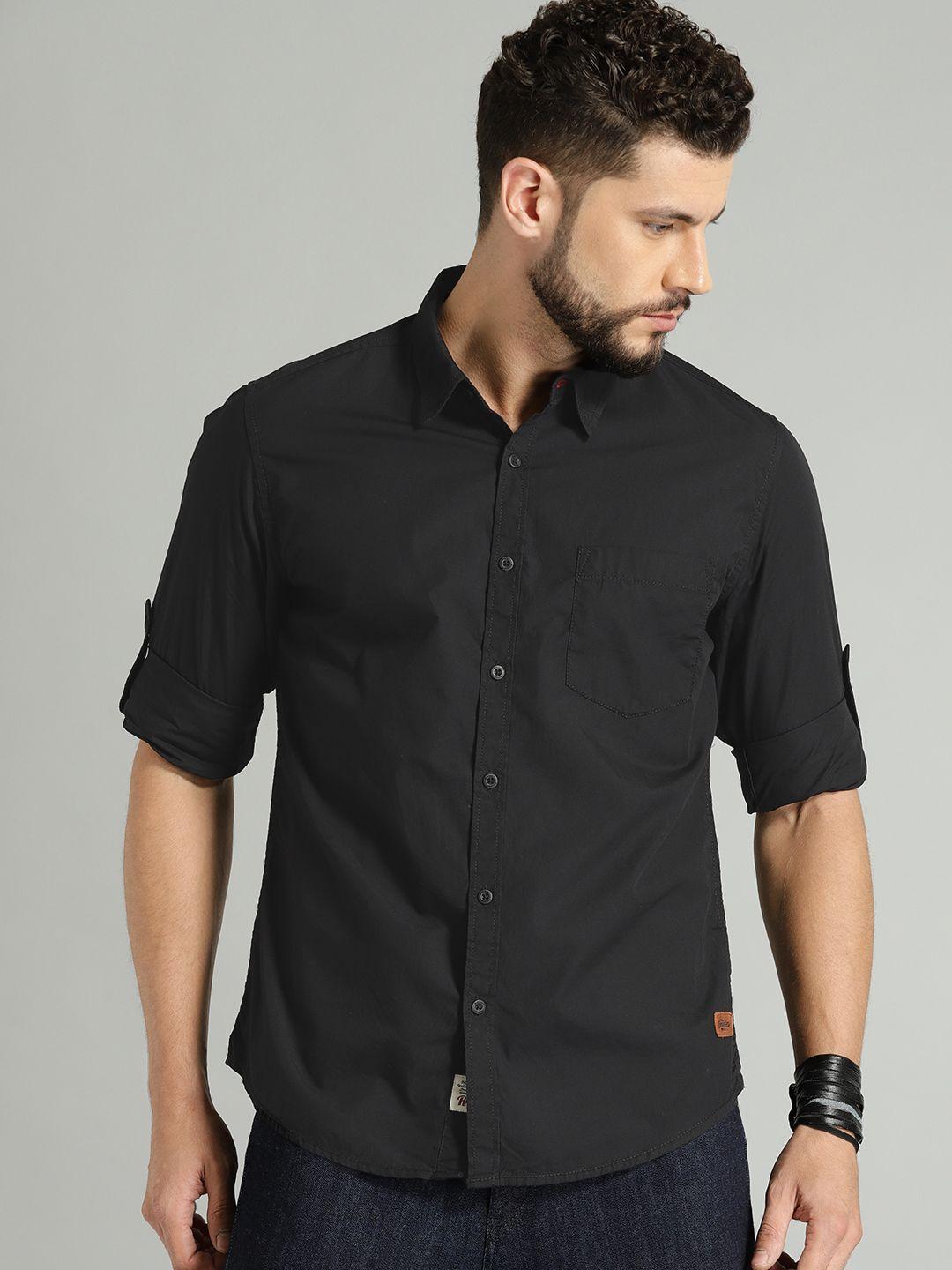 roadster men black pure cotton sustainable casual shirt