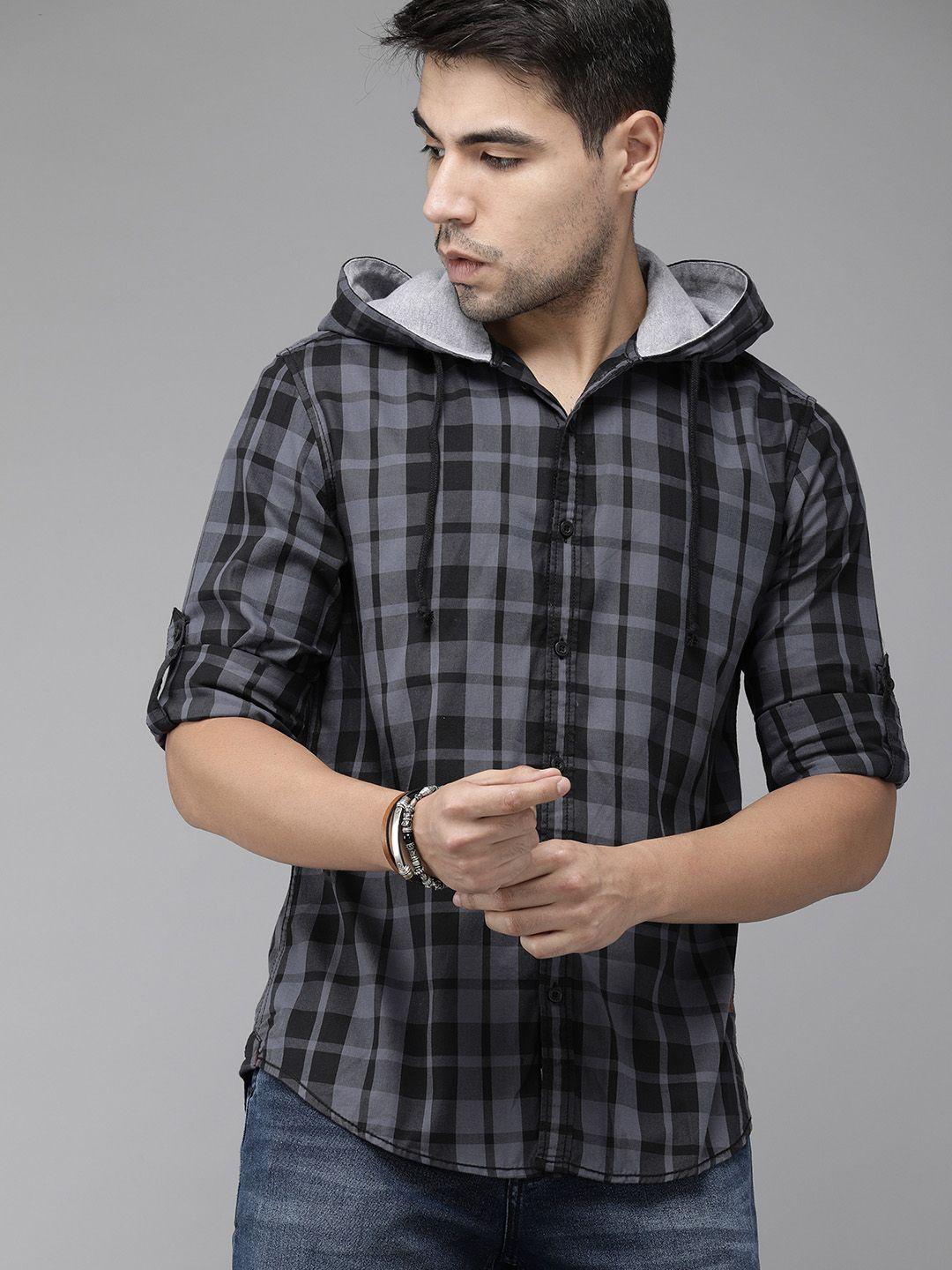 roadster men black regular fit checked hooded sustainable casual shirt