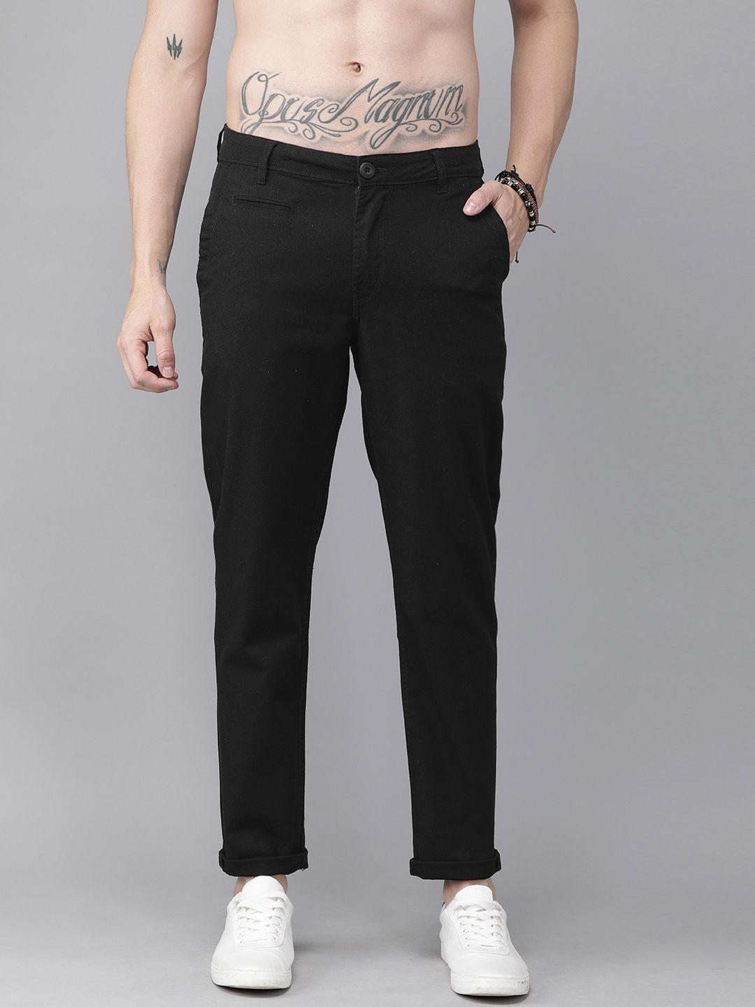 roadster men black regular fit solid regular trousers