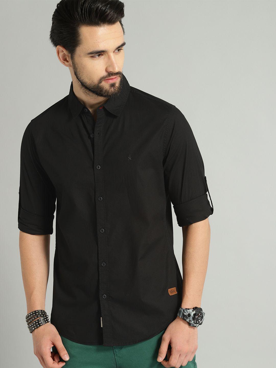 roadster men black regular fit solid sustainable casual shirt