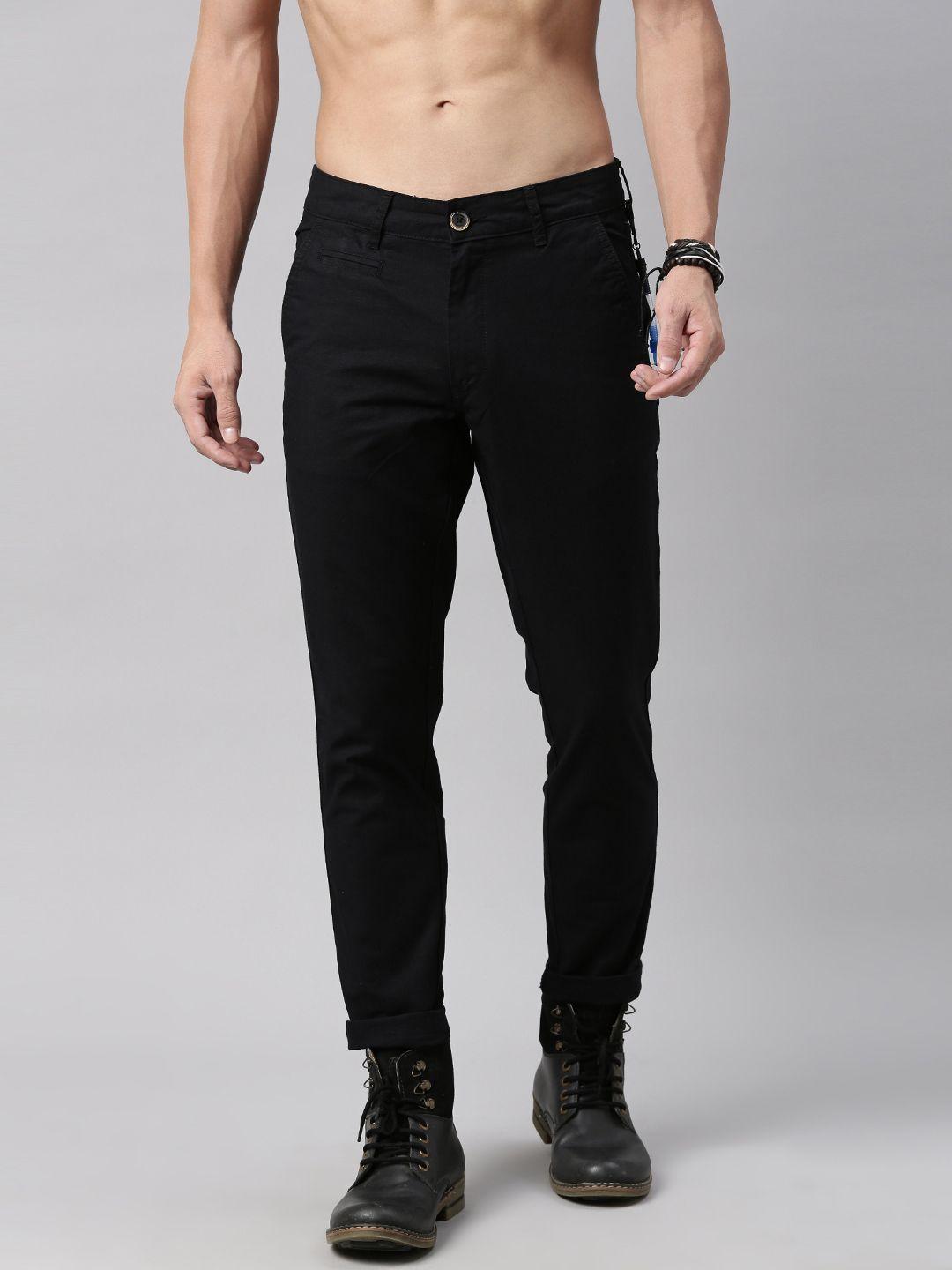 roadster men black regular fit solid trousers