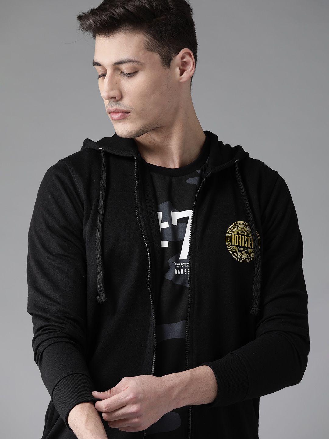 roadster men black solid hooded sweatshirt