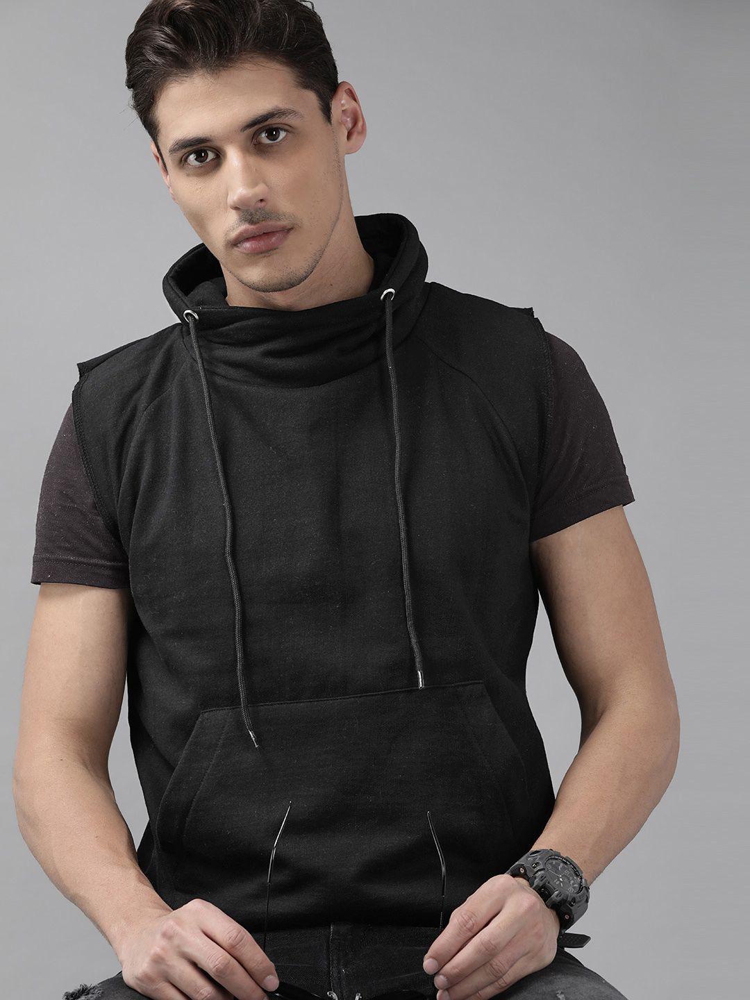 roadster men black solid hooded sweatshirt