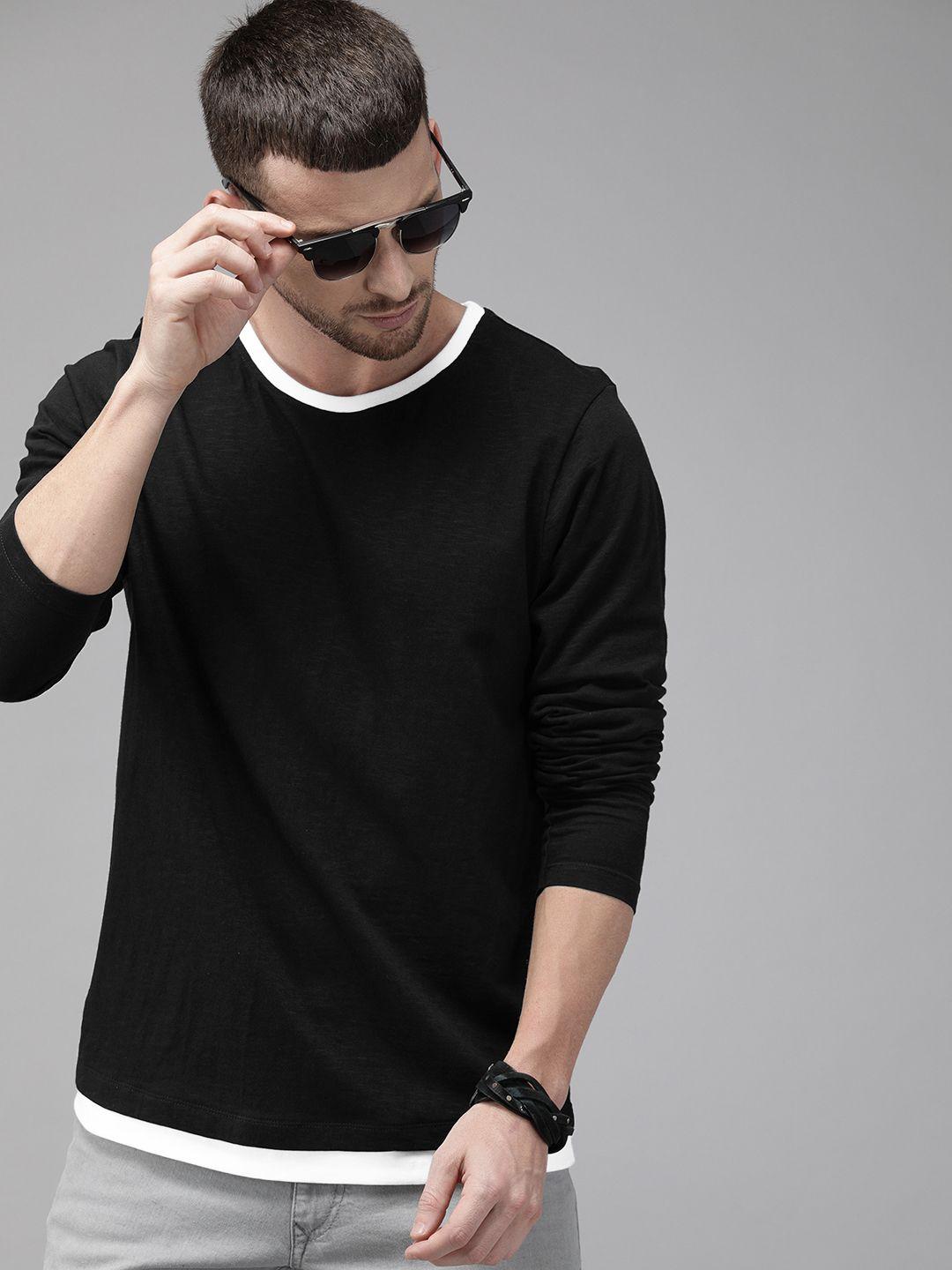 roadster men black solid round neck pure cotton t-shirt