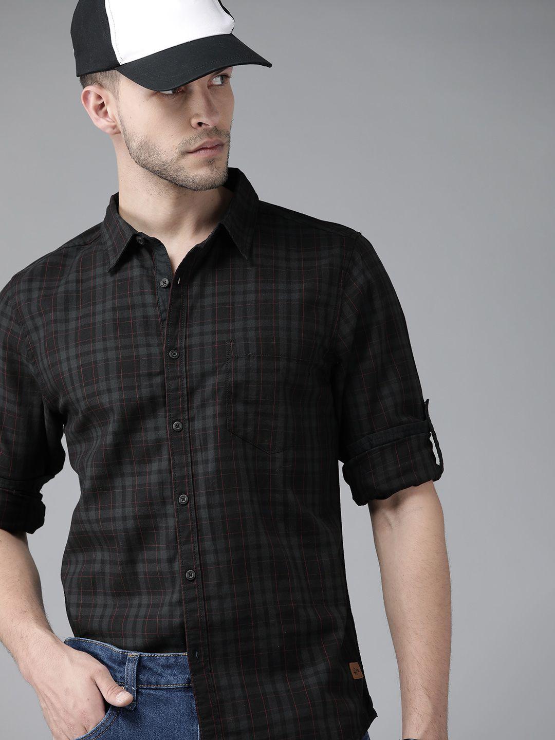 roadster men black tartan checked regular fit pure cotton sustainable casual shirt
