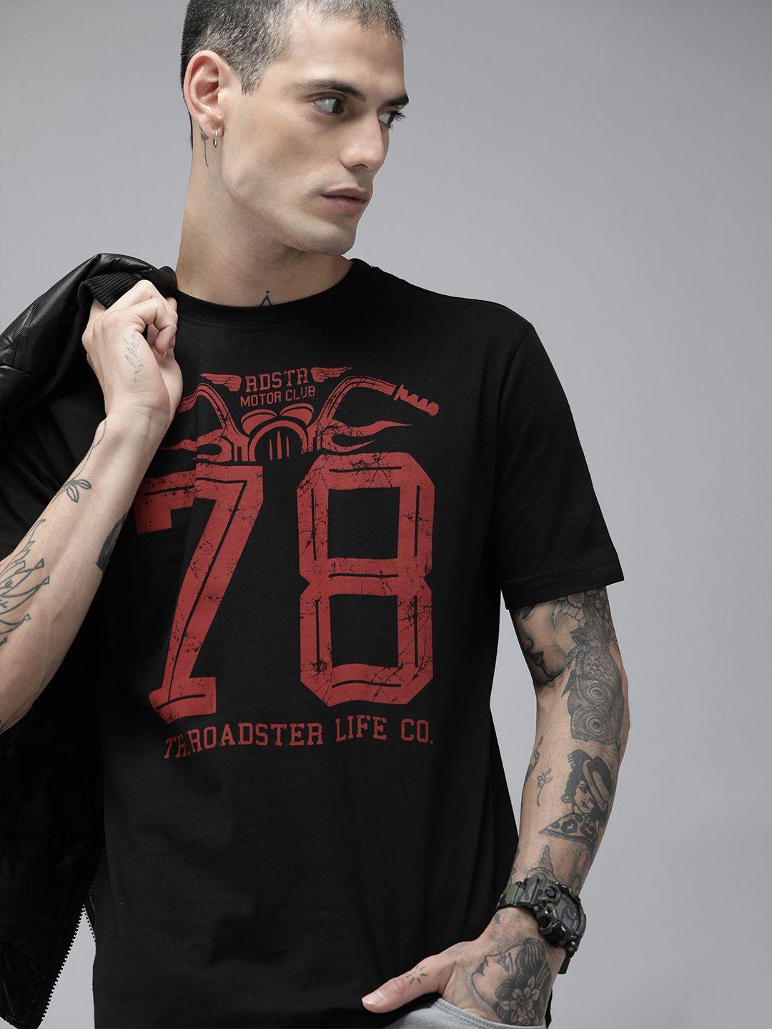 roadster men black typography printed pure cotton t-shirt