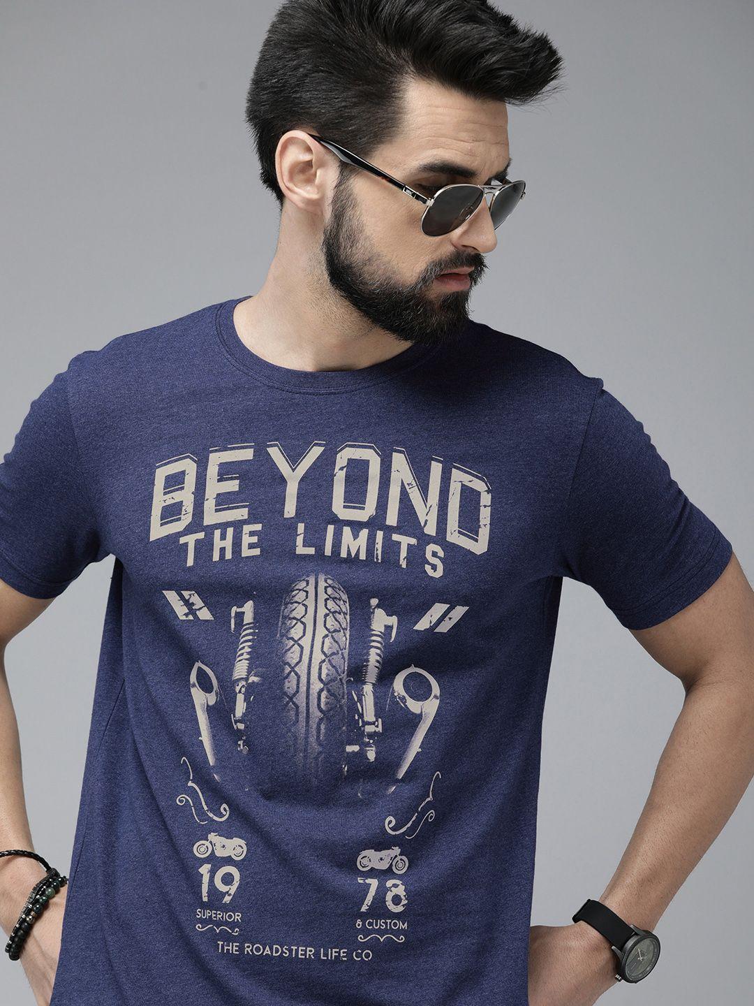 roadster men blue & beige biker printed pure cotton t-shirt