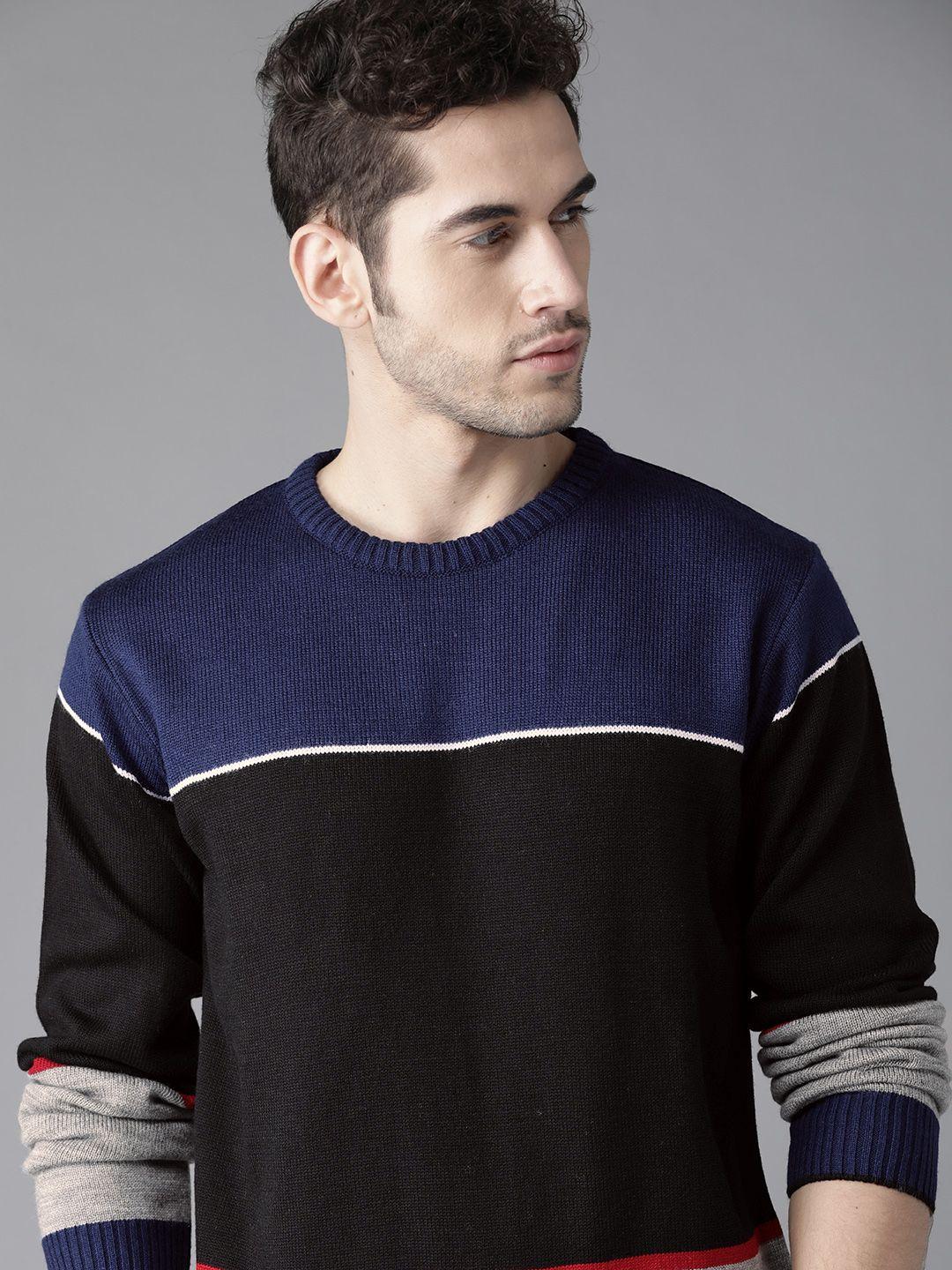 roadster men blue & black colourblocked acrylic sweater