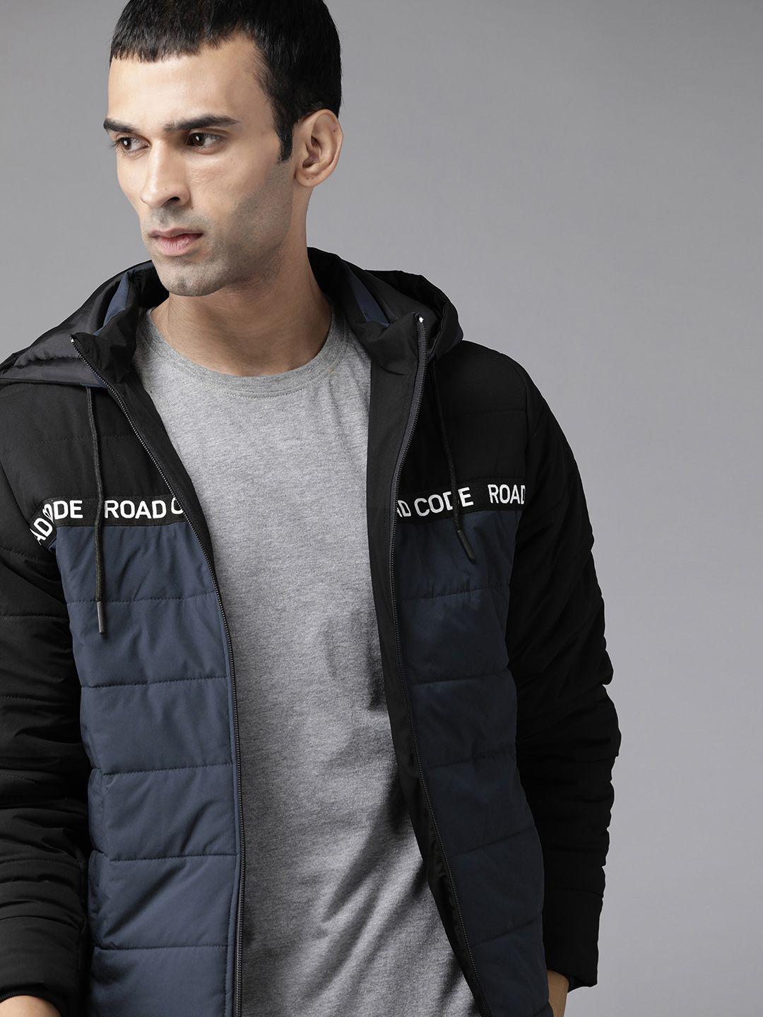 roadster men blue & black colourblocked hooded padded jacket