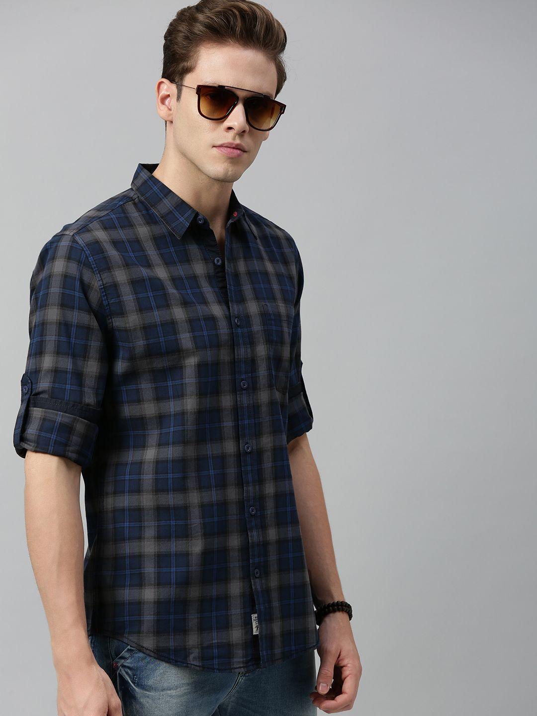 roadster men blue & grey regular fit checked casual sustainable shirt