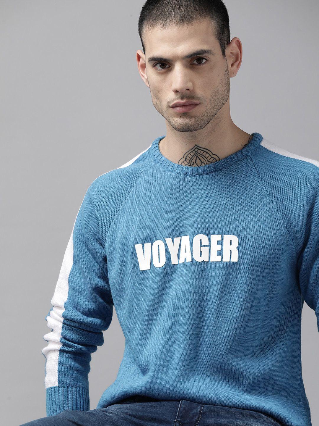 roadster men blue & white acrylic typography printed pullover