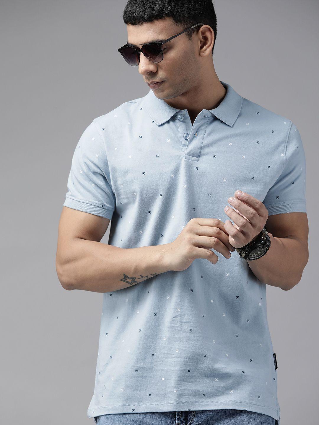 roadster men blue & white printed polo collar pure cotton t-shirt