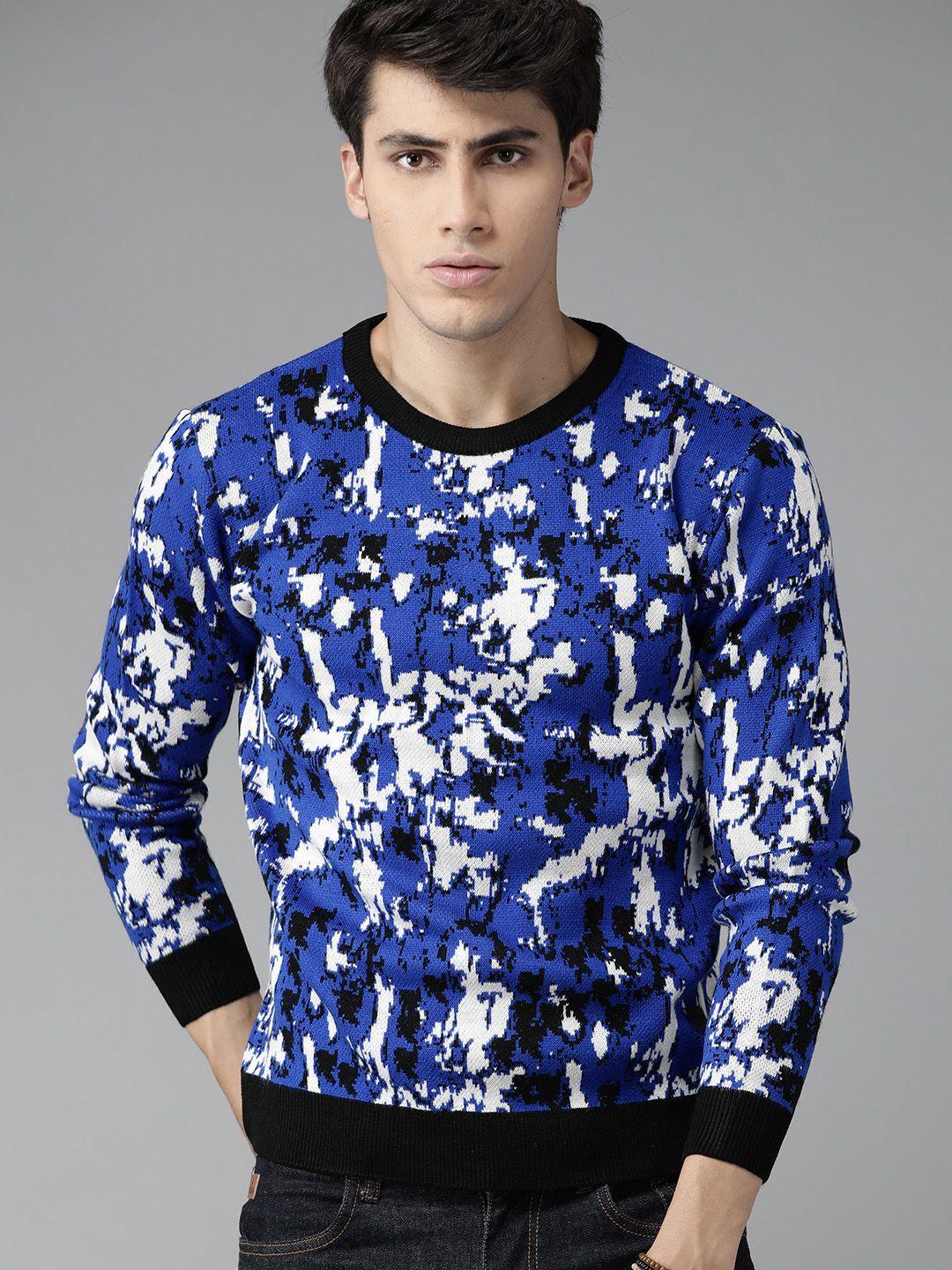 roadster men blue & white self-design pullover