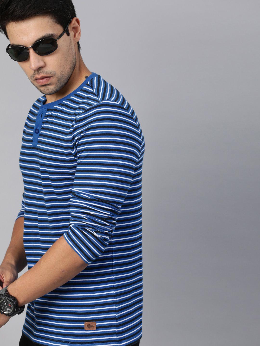 roadster men blue  black striped henley neck pure cotton t-shirt