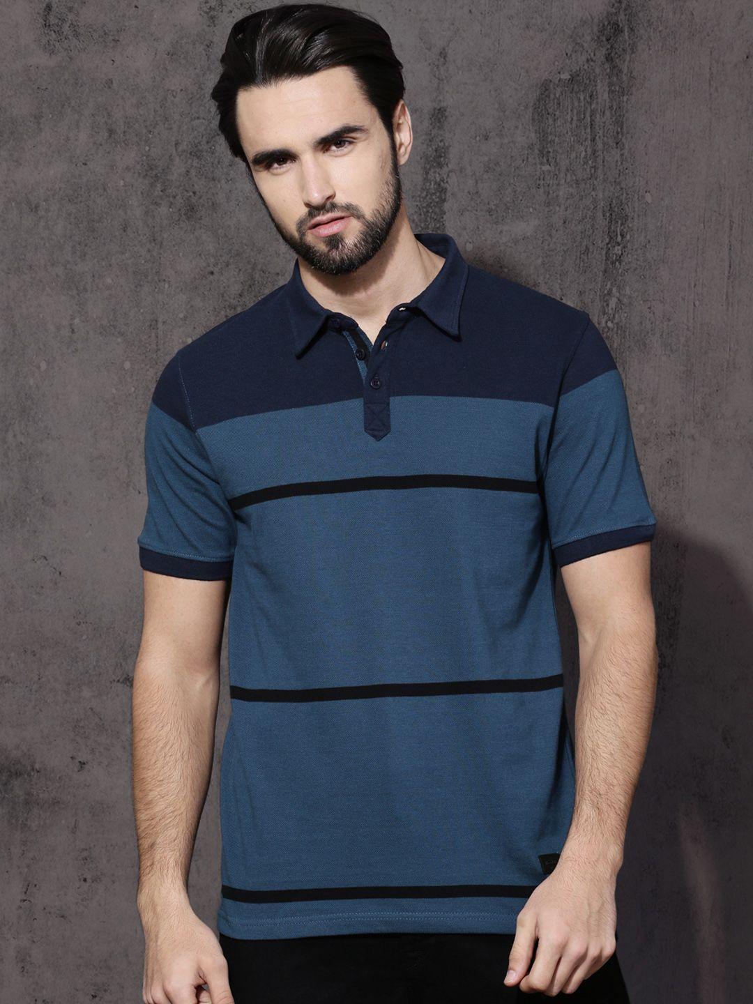 roadster men blue  black striped polo collar pure cotton t-shirt