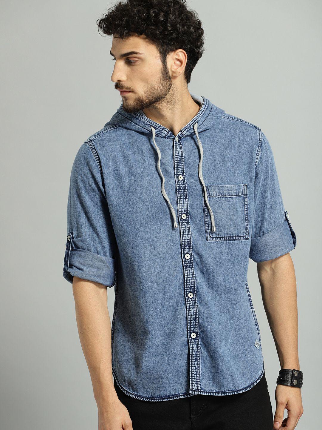 roadster men blue casual hooded denim sustainable shirt