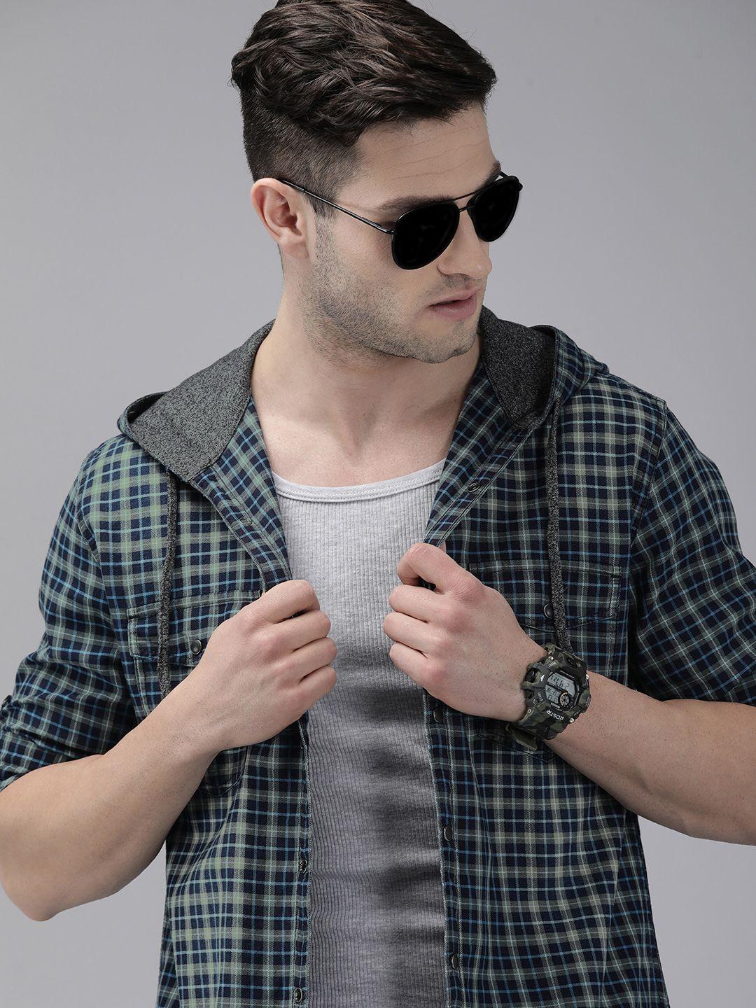 roadster men blue checked hooded sustainable casual shirt