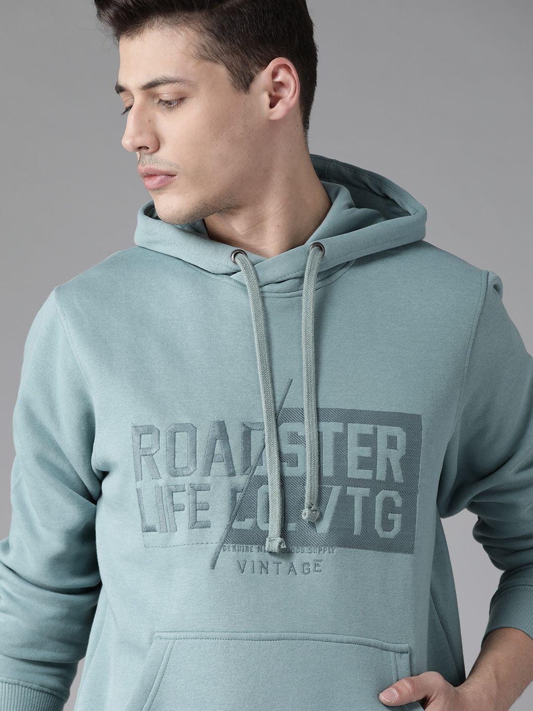 roadster men blue embroidered hooded sweatshirt