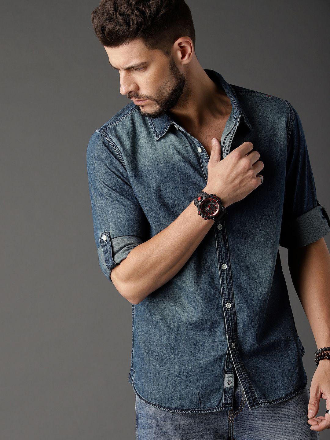 roadster men blue faded denim shirt