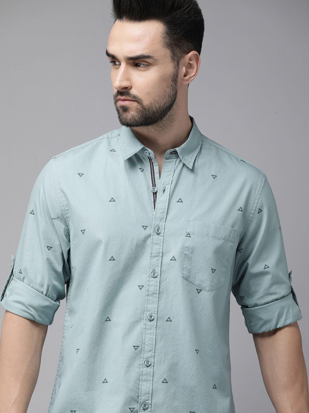 roadster men blue printed pure cotton casual shirt