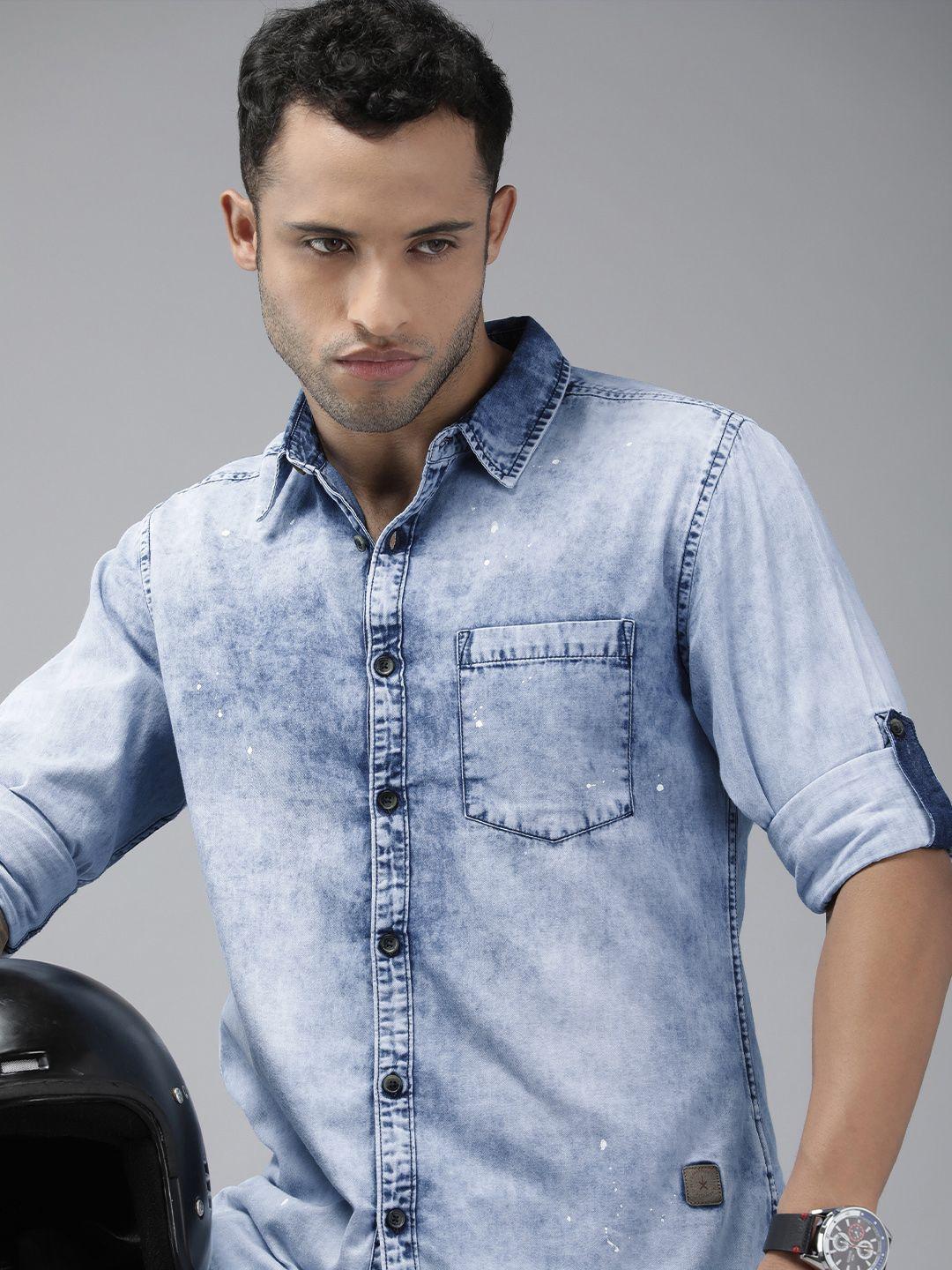 roadster men blue pure cotton solid chambray casual shirt