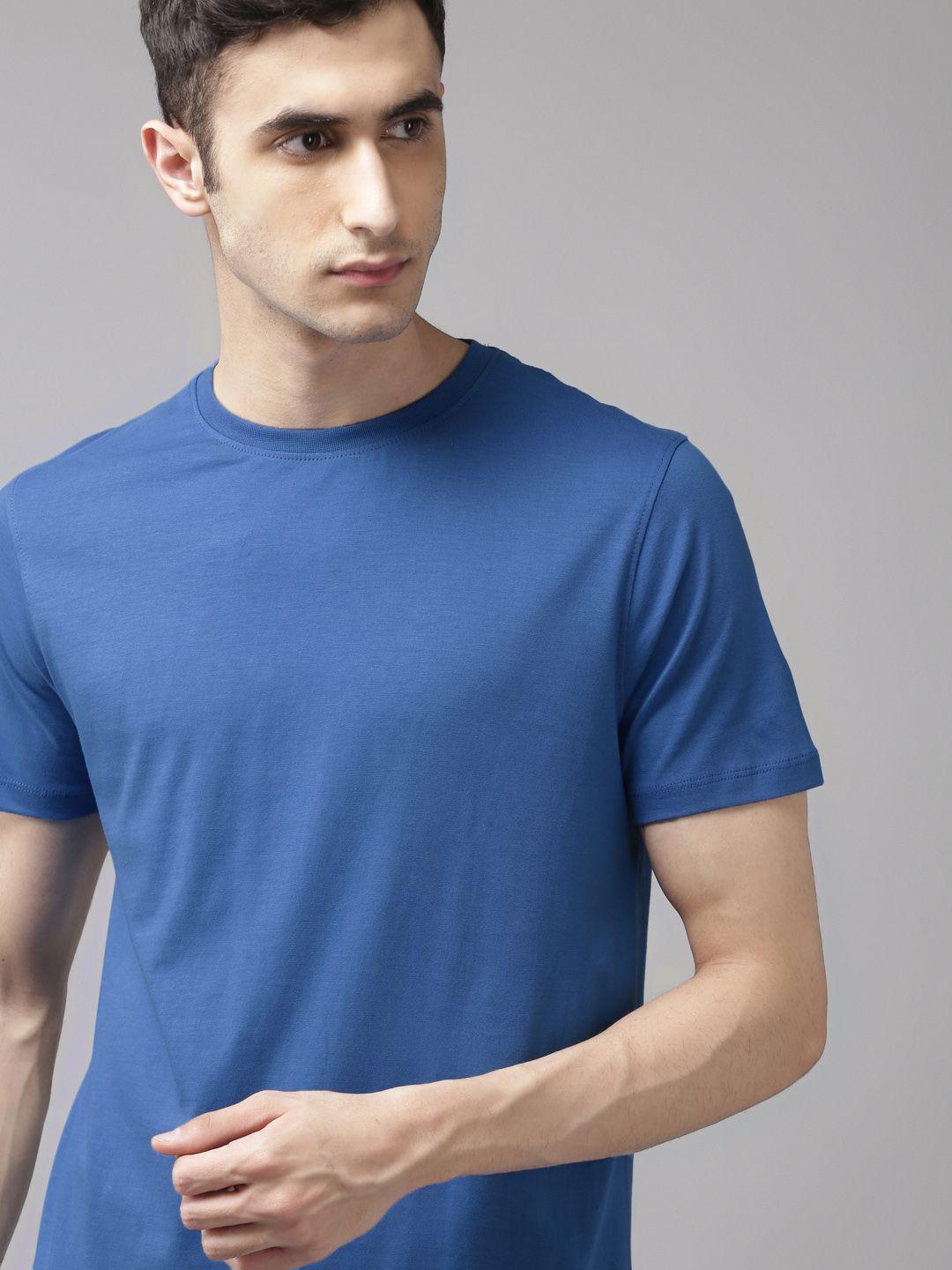 roadster men blue pure cotton solid round neck t-shirt
